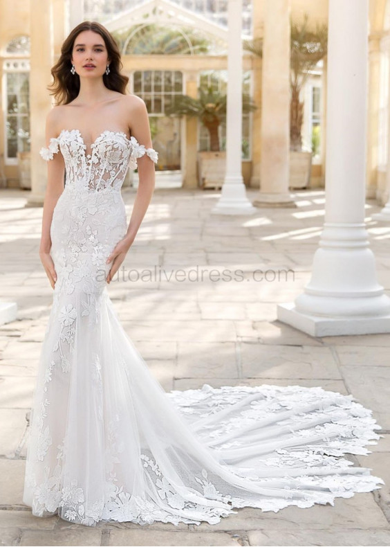 Ivory Floral Lace Tulle Mermaid Wedding Dress With Detachable Straps
